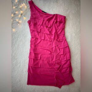Hot Pink One Shoulder Ruffled Dress with Built-in Bra